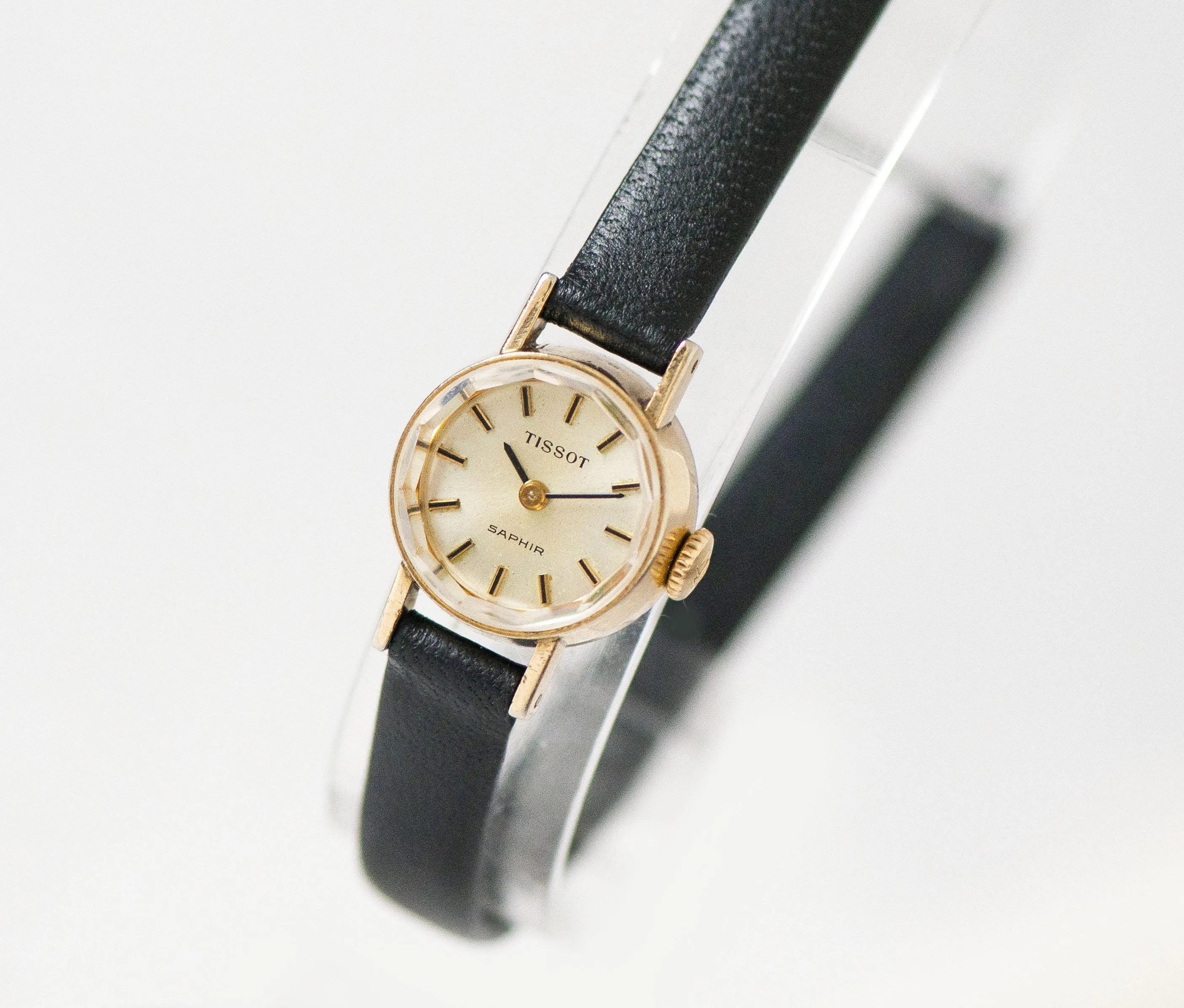 Delicate women's watch Tissot Saphir gold plated, chic lady wristwatch vintage, micro-watch lady jewelry gift classic, premium leather band
