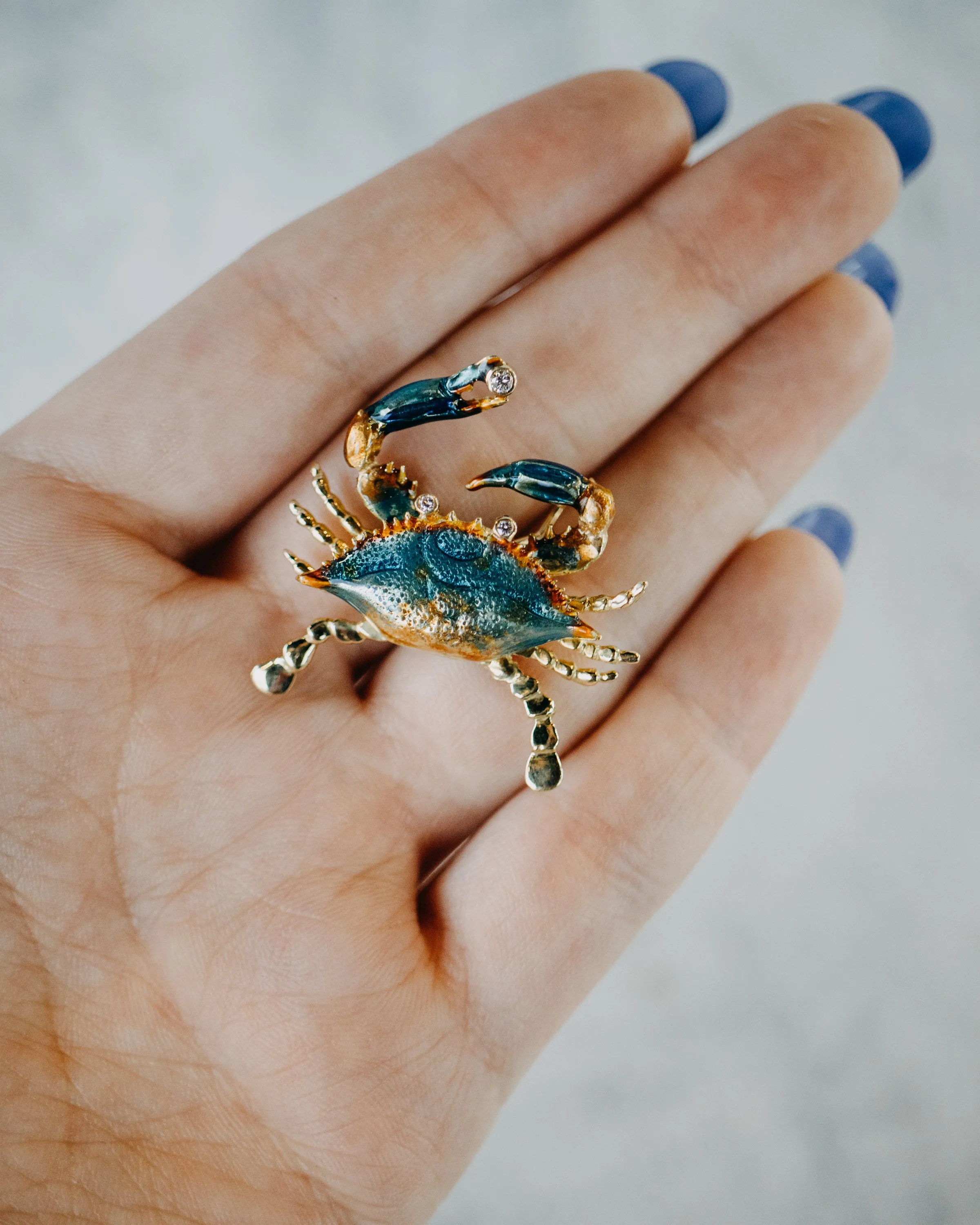 Diamond & Blue Enamel 18K Yellow Gold Crab Pendant Enhancer