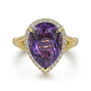 Diamond and Flat Pear Shape Amethyst Ladies Ring