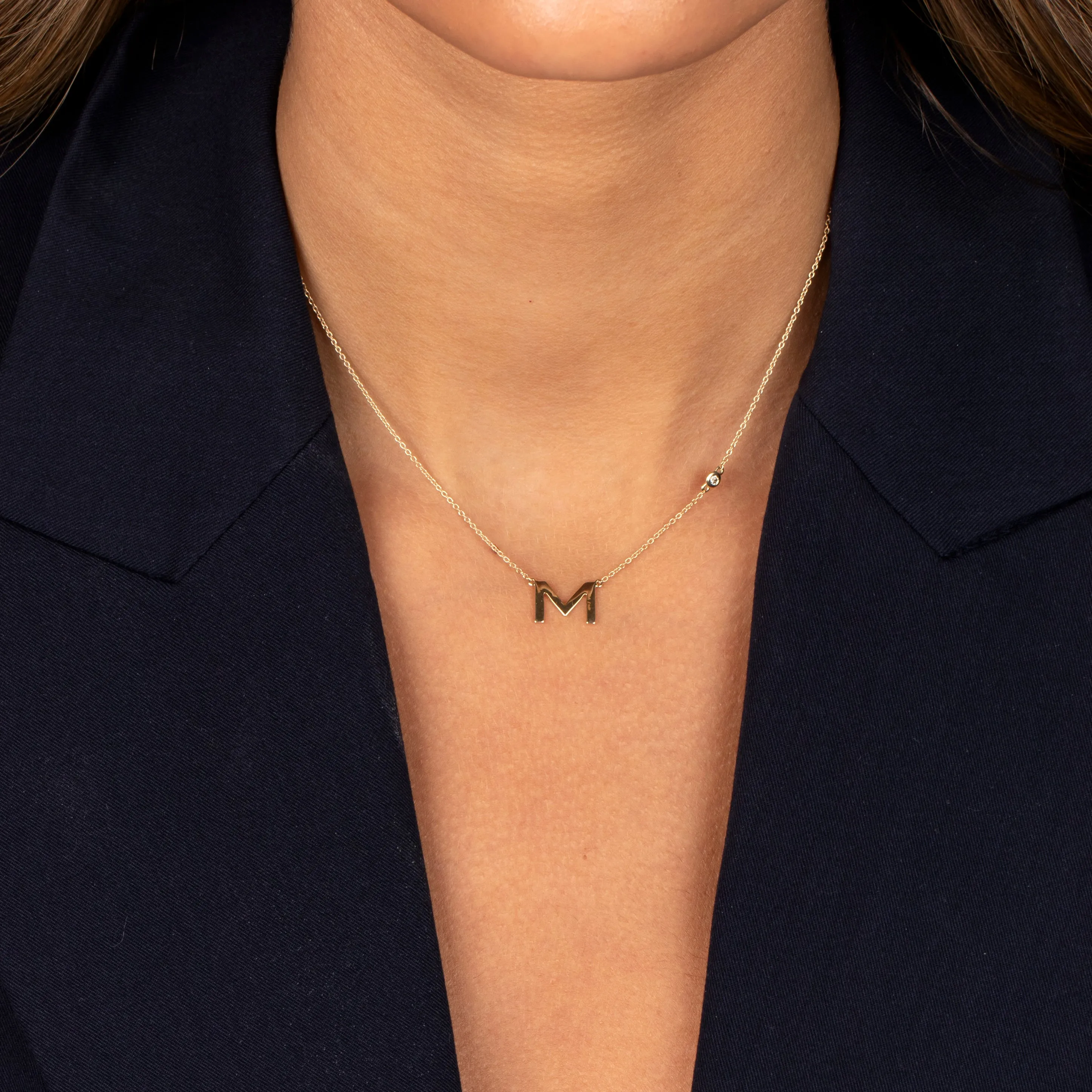 Diamond Bezel X Solid Initial Necklace 14K