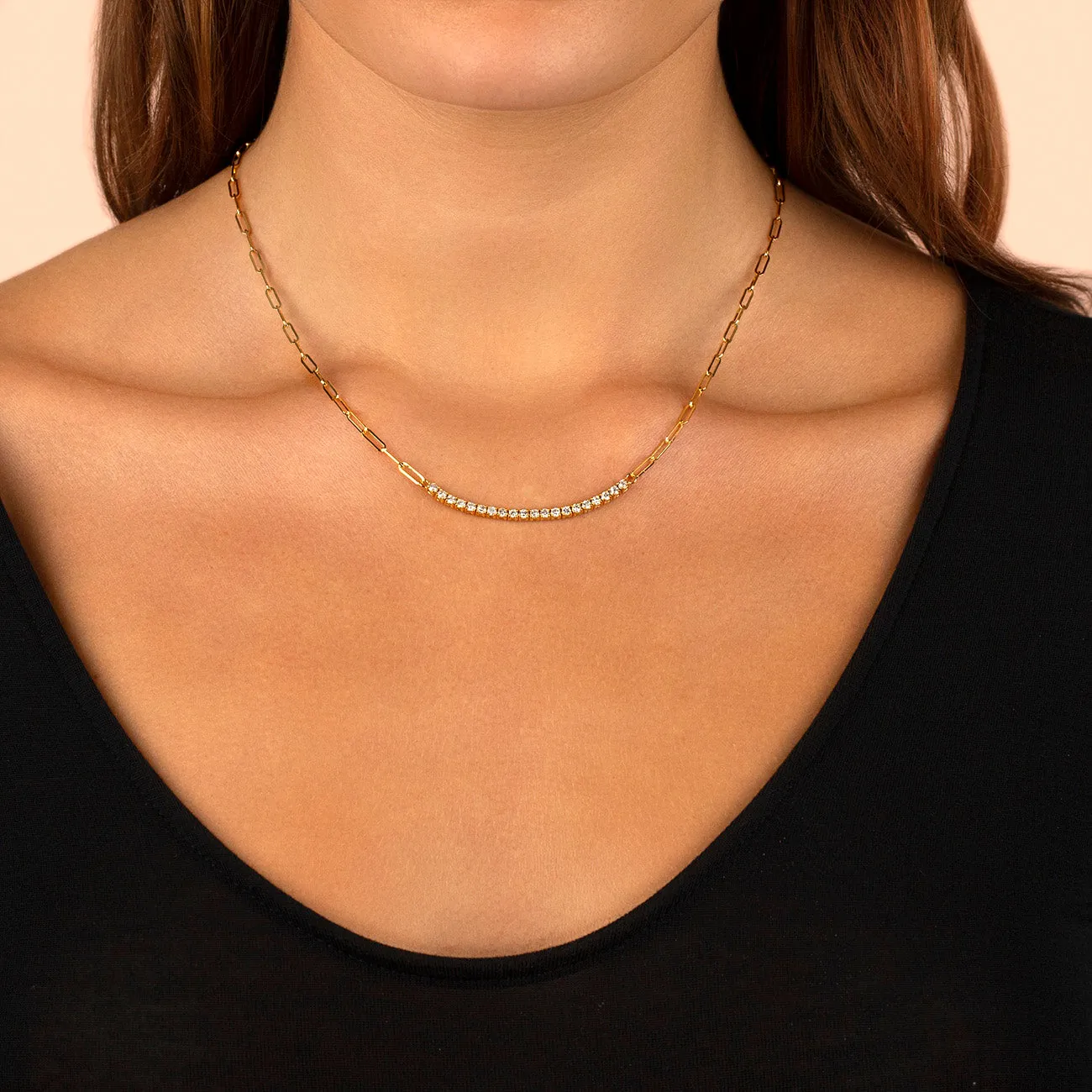 Diamond Curved Bar Link Necklace 14K