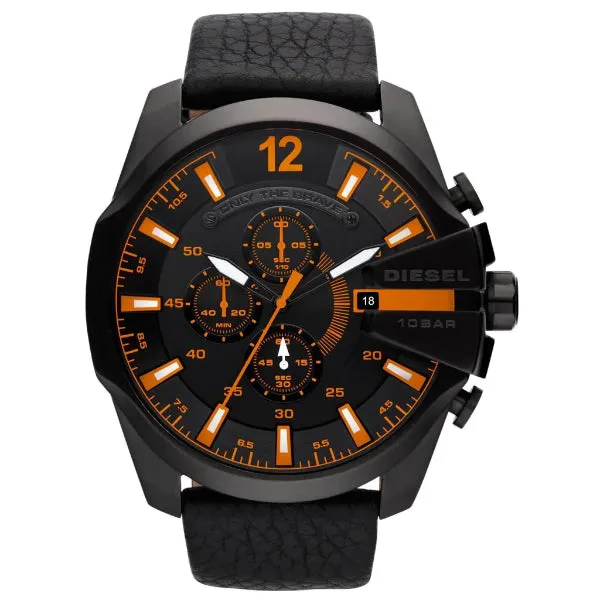 Diesel Mega Chief Black Leather Strap Black Dial Chronograph Quartz Watch for Gents - DZ4291
