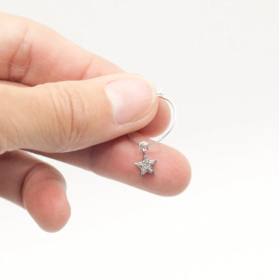 Earring Hoop with Diamond Star Sterling Silver Pave Setting