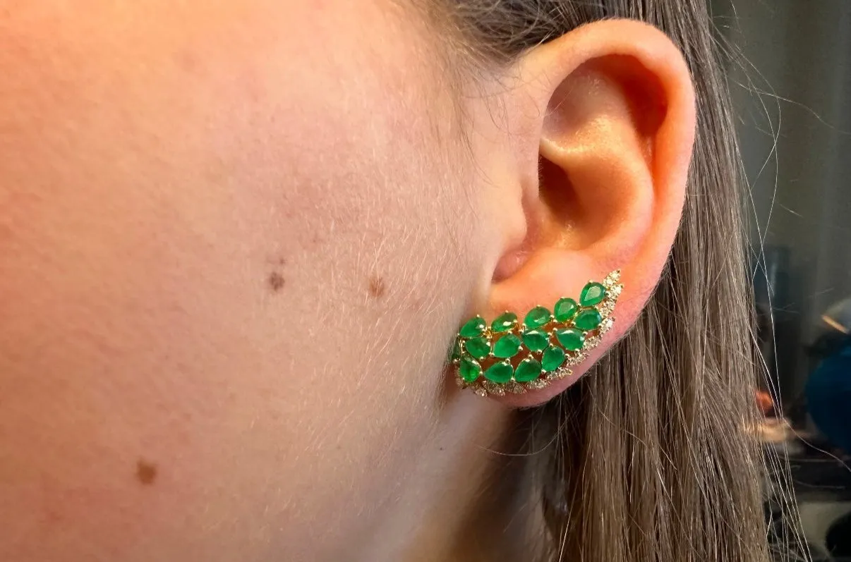 Earrings Wings 14kt Yellow Gold Diamonds and Emeralds