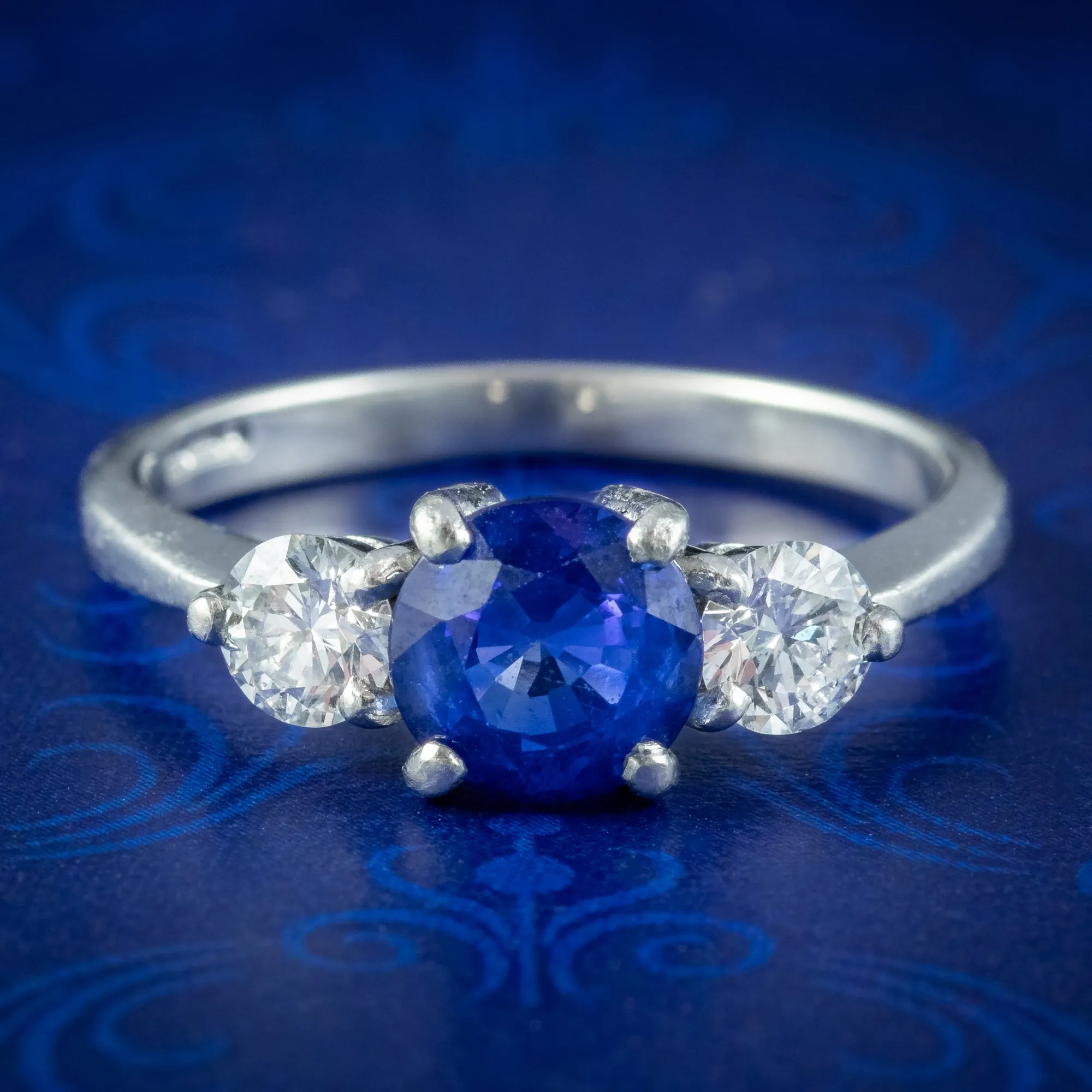 Edwardian Style Sapphire Diamond Trilogy Ring 1.5ct Sapphire