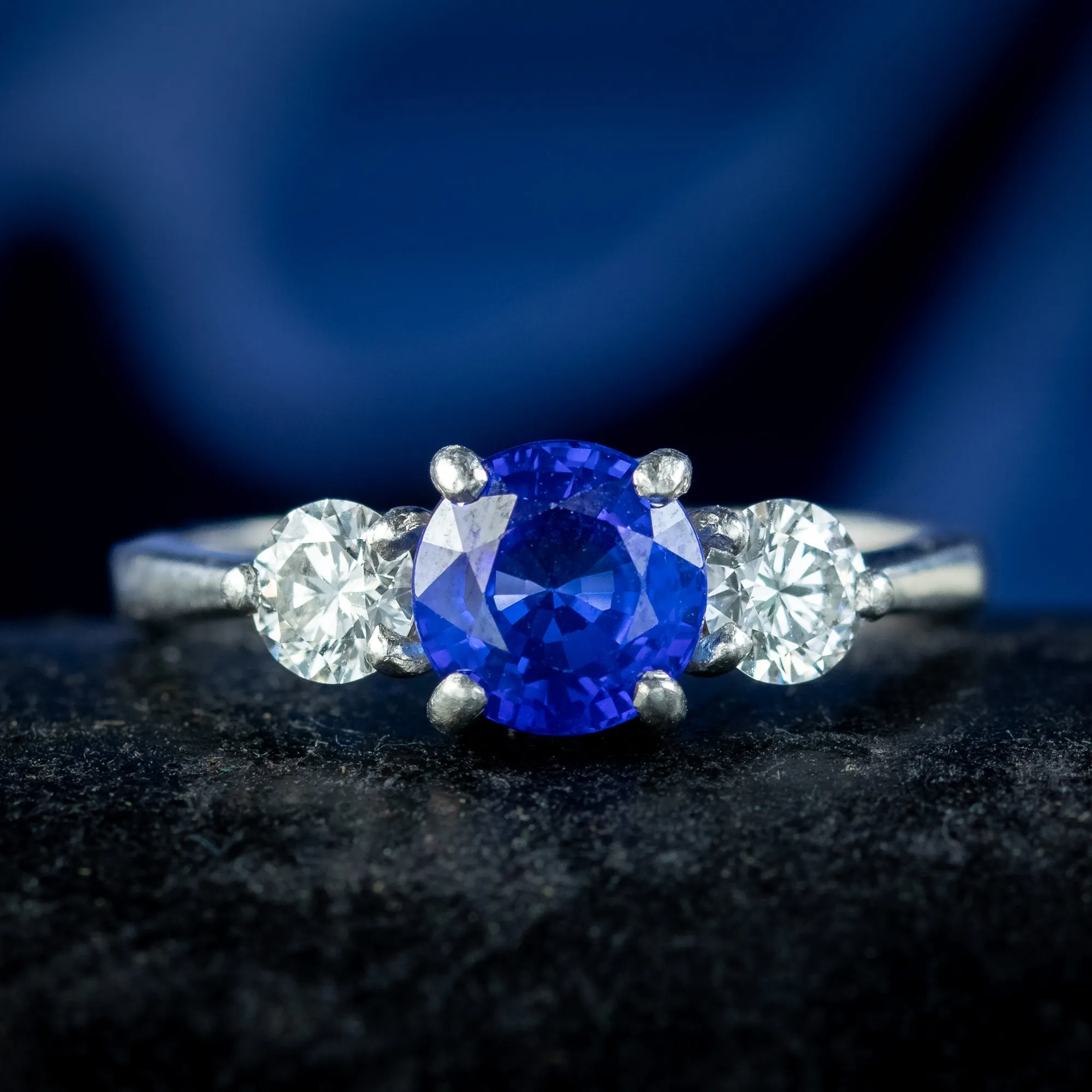 Edwardian Style Sapphire Diamond Trilogy Ring 1.5ct Sapphire