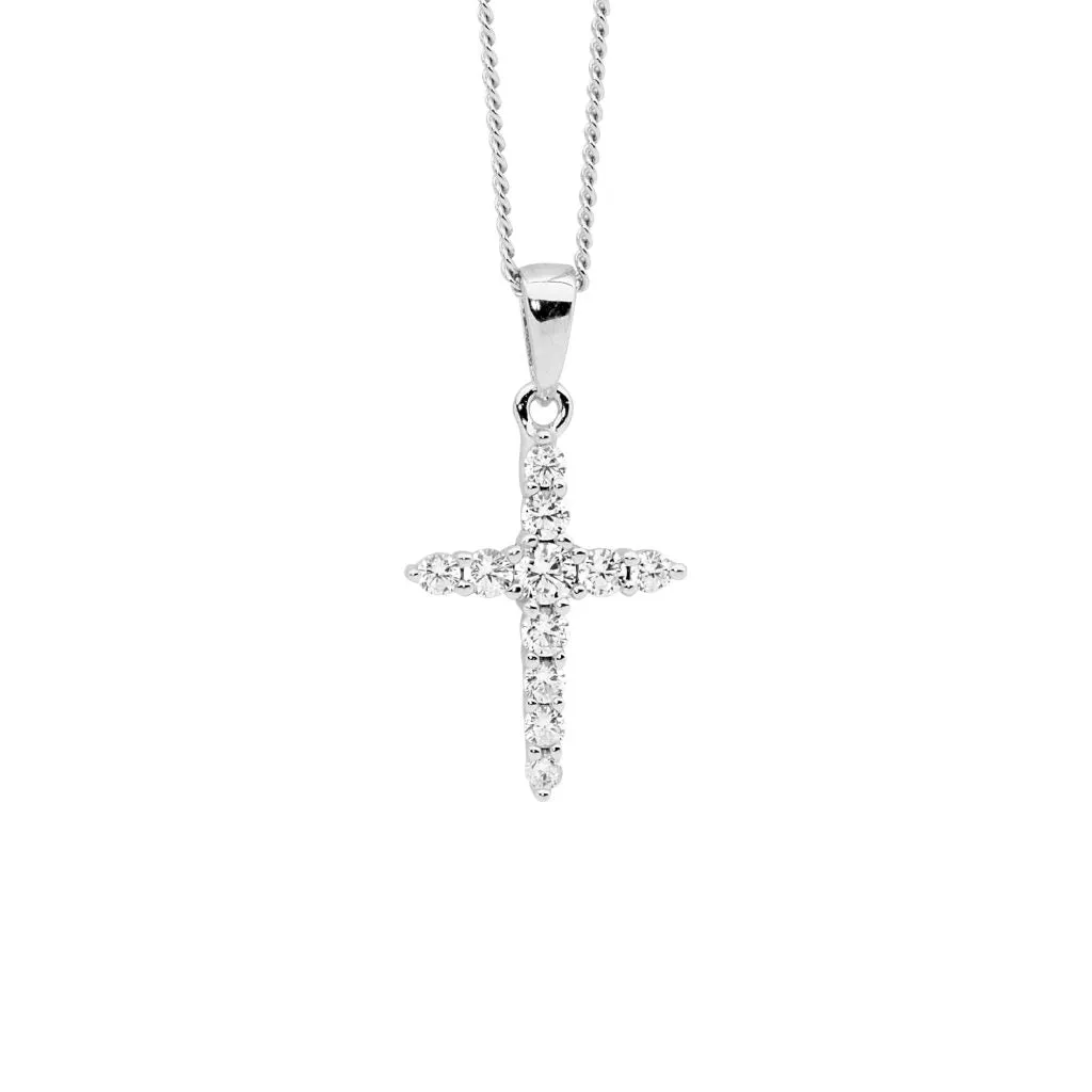 Ellani Sterling Silver Cubic Zirconia Cross Pendant P871S
