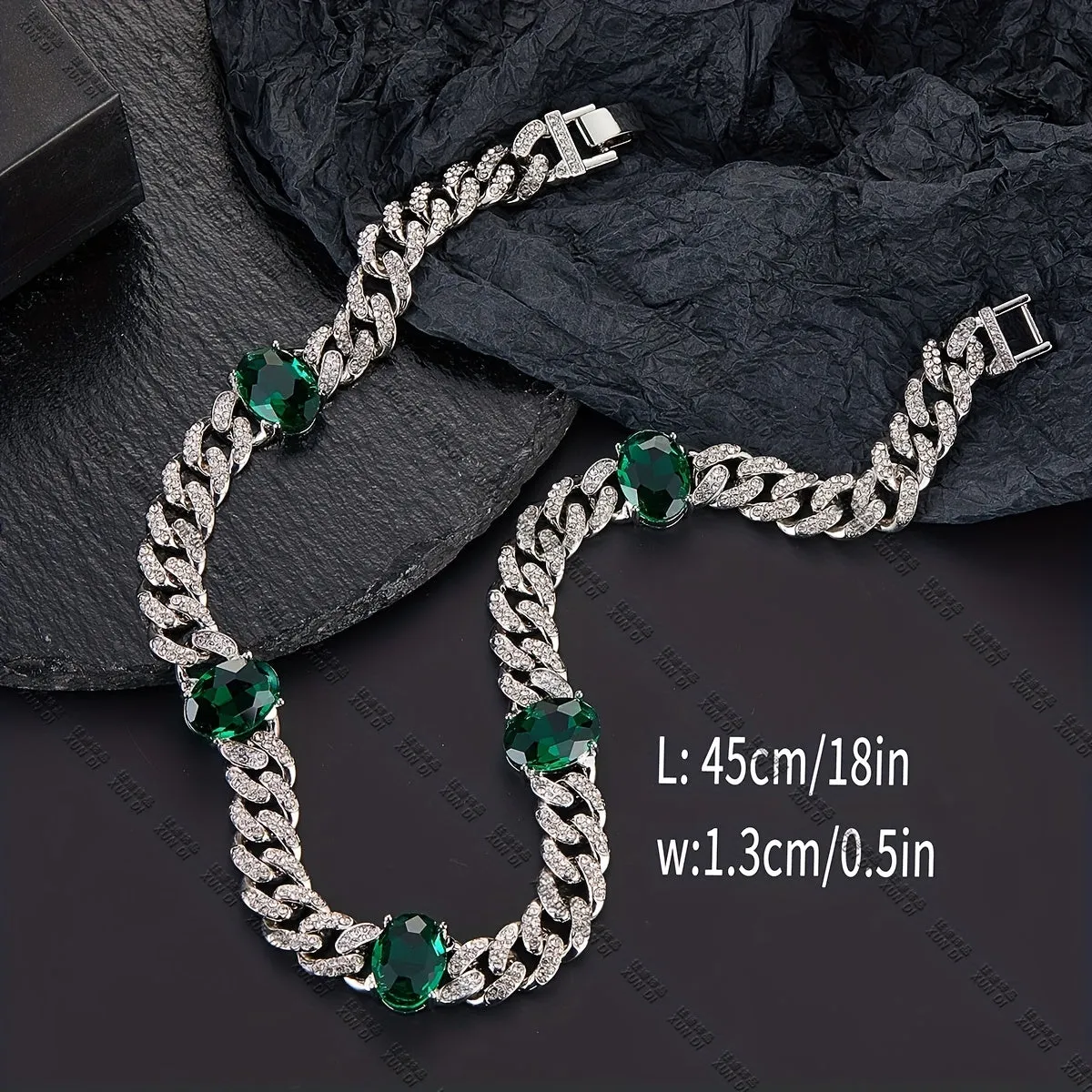 Emerald Cuban Link Chain 13MM Rhinestone Necklace Bracelet Gift