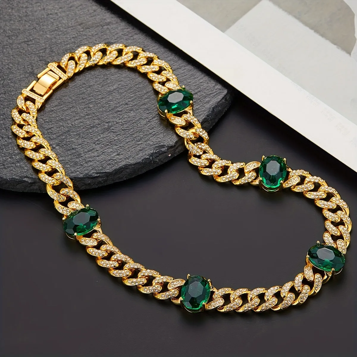 Emerald Cuban Link Chain 13MM Rhinestone Necklace Bracelet Gift