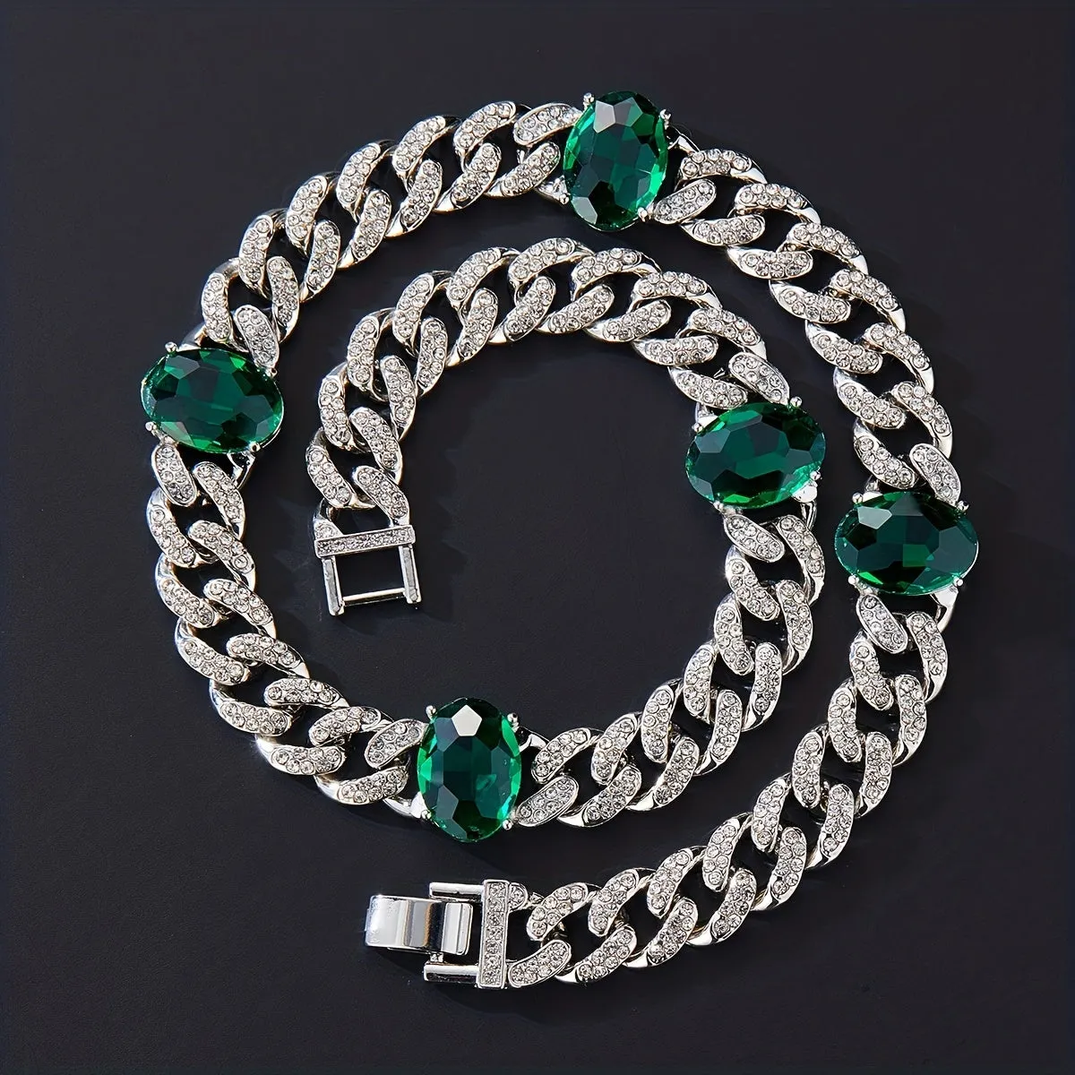 Emerald Cuban Link Chain 13MM Rhinestone Necklace Bracelet Gift