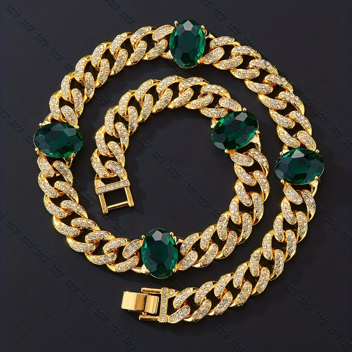 Emerald Cuban Link Chain 13MM Rhinestone Necklace Bracelet Gift