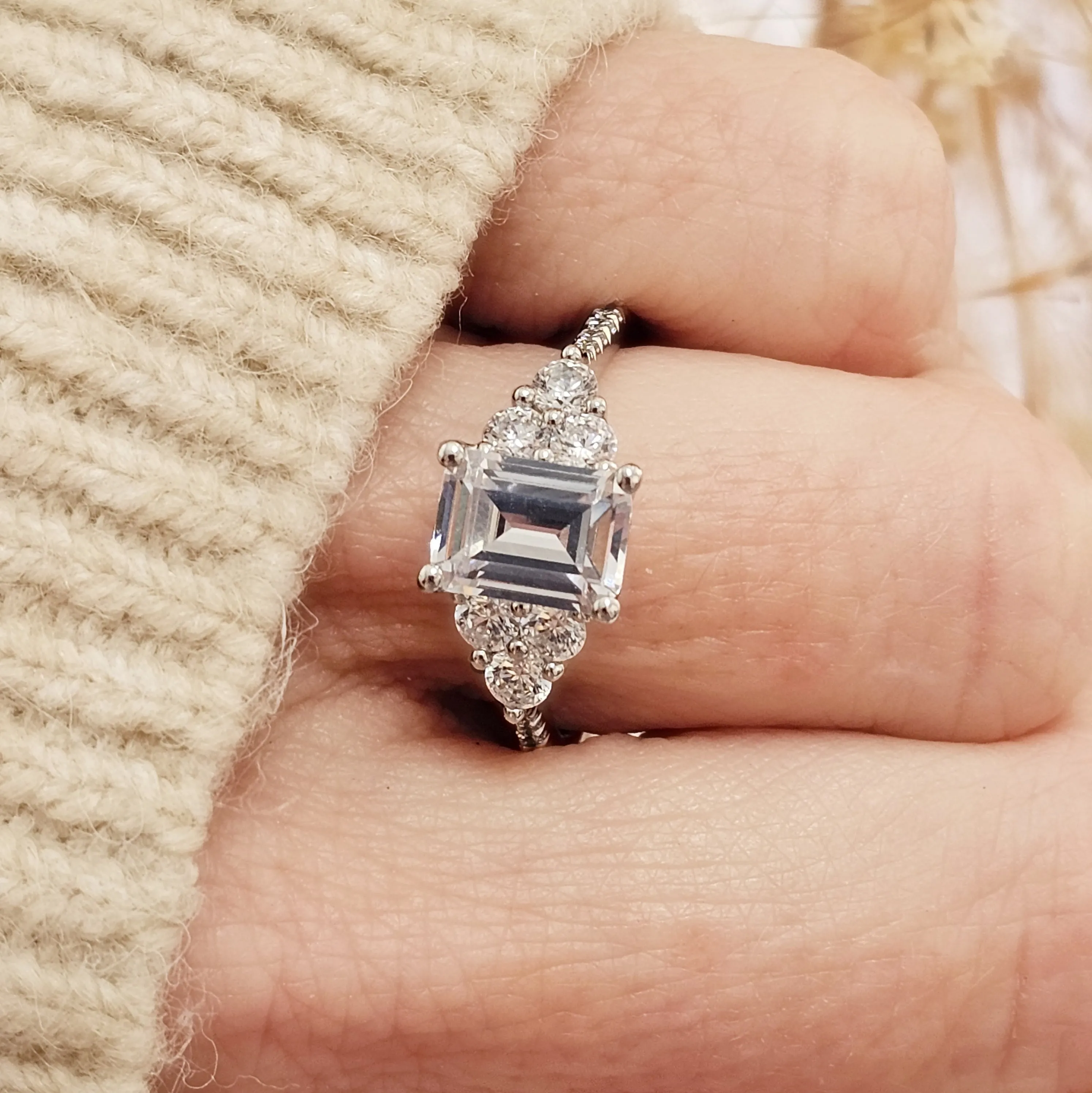 Emerald Cut Diamond Trio Engagement Ring Setting