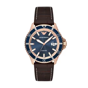 Emporio Armani Men's Three-Hand Date, Rose Gold-Tone Case Brown Leather Stap Watch