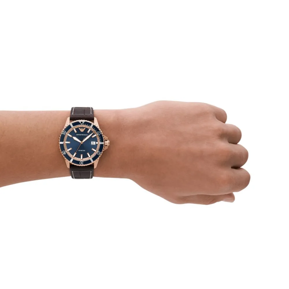 Emporio Armani Men's Three-Hand Date, Rose Gold-Tone Case Brown Leather Stap Watch
