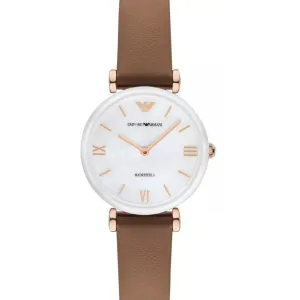 Emporio Armani Retro Brown Leather Strap Mother Of Pearl Dial Quartz Watch for Ladies - AR11040