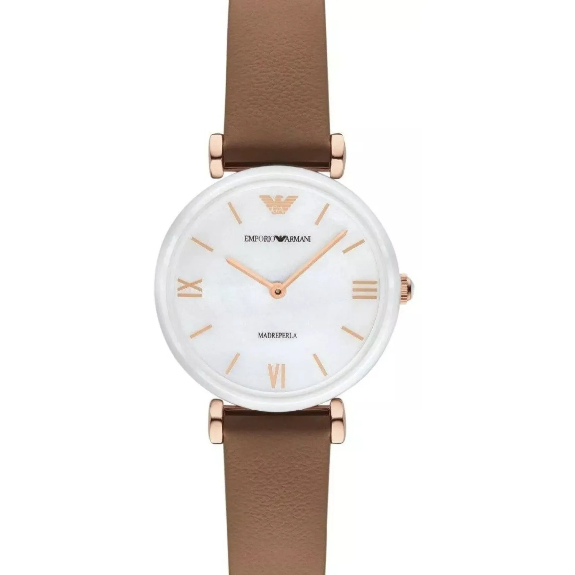 Emporio Armani Retro Brown Leather Strap Mother Of Pearl Dial Quartz Watch for Ladies - AR11040