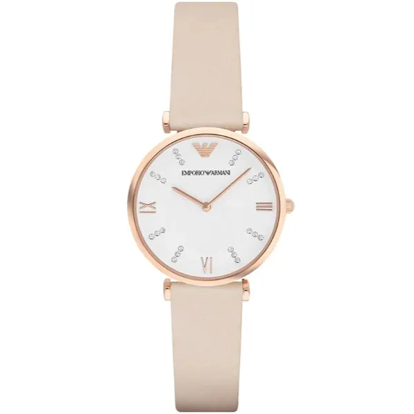Emporio Armani Retro Cream Leather Strap White Dial Quartz Watch for Ladies - AR1927