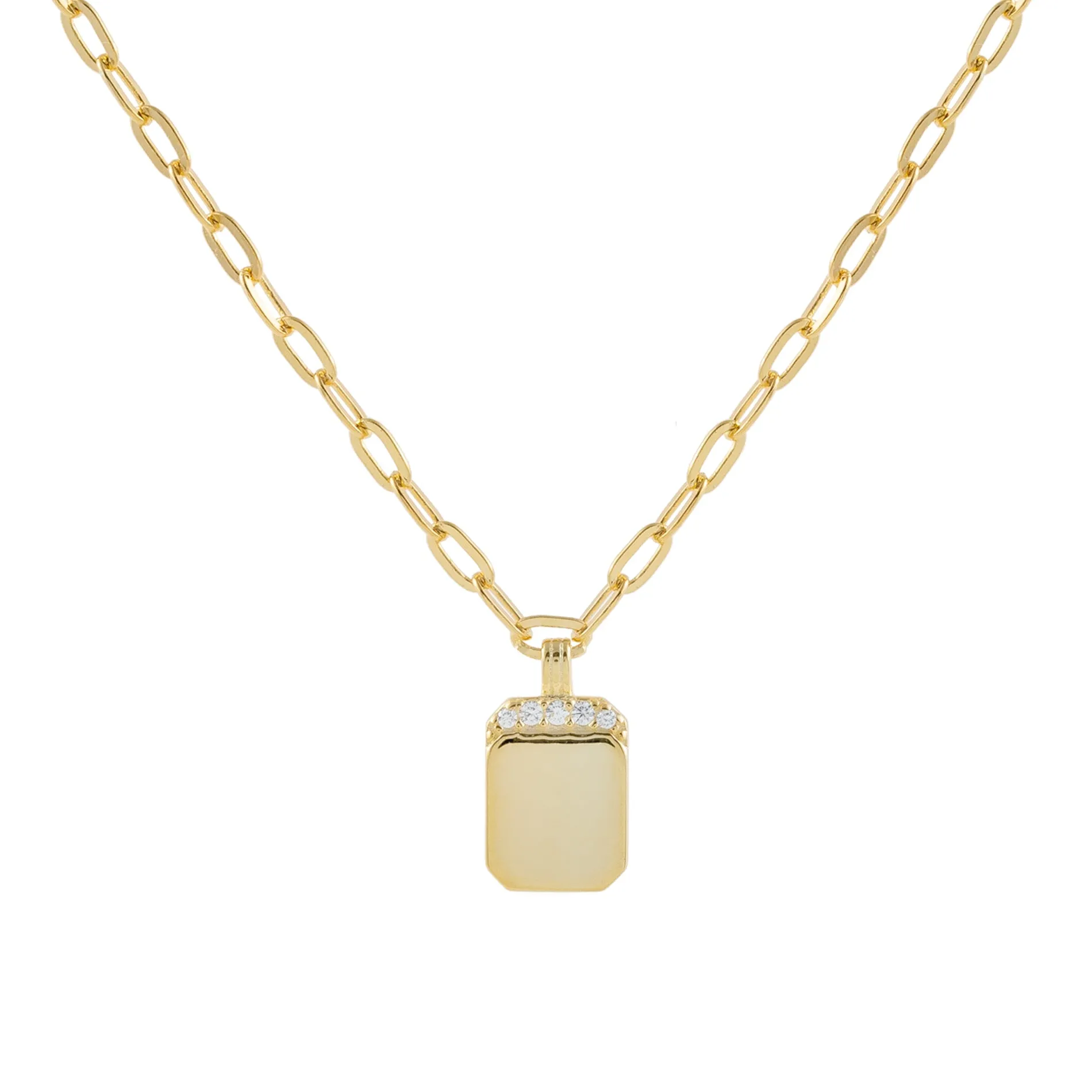 Engraved CZ Mini Dog Tag Link Necklace