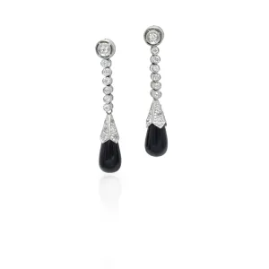 Estate 18KT White Gold Diamond Black Onyx Tear Drop Earrings