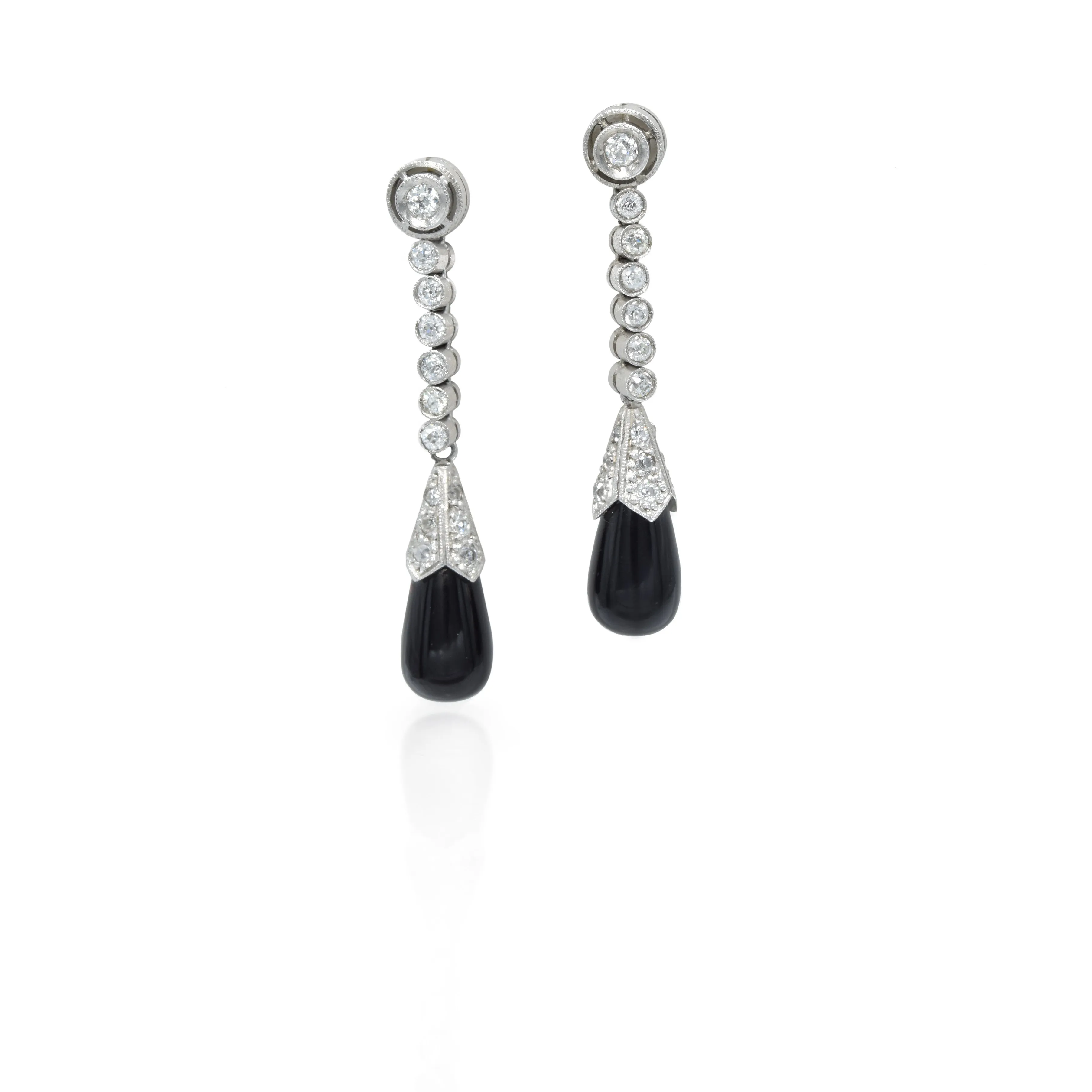 Estate 18KT White Gold Diamond Black Onyx Tear Drop Earrings