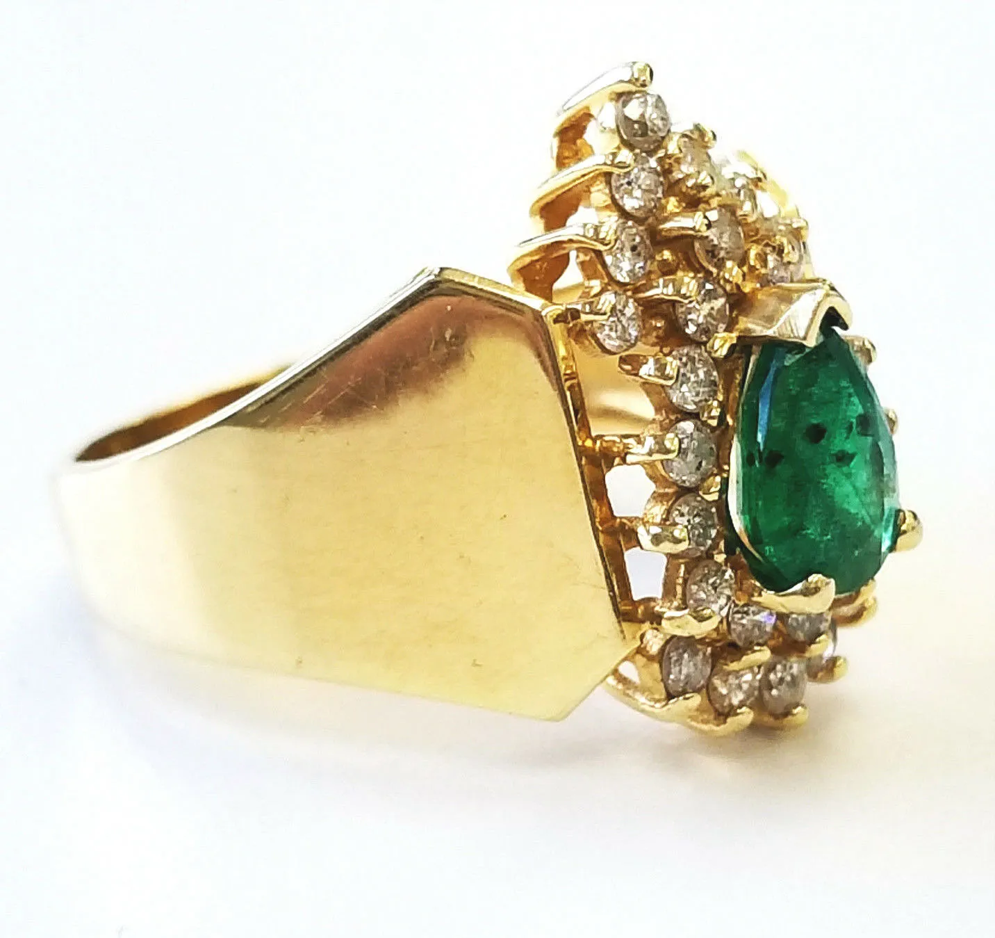 Estate Ring Natural Green Color Emerald Diamonds 14K Yellow Gold Pear Cut