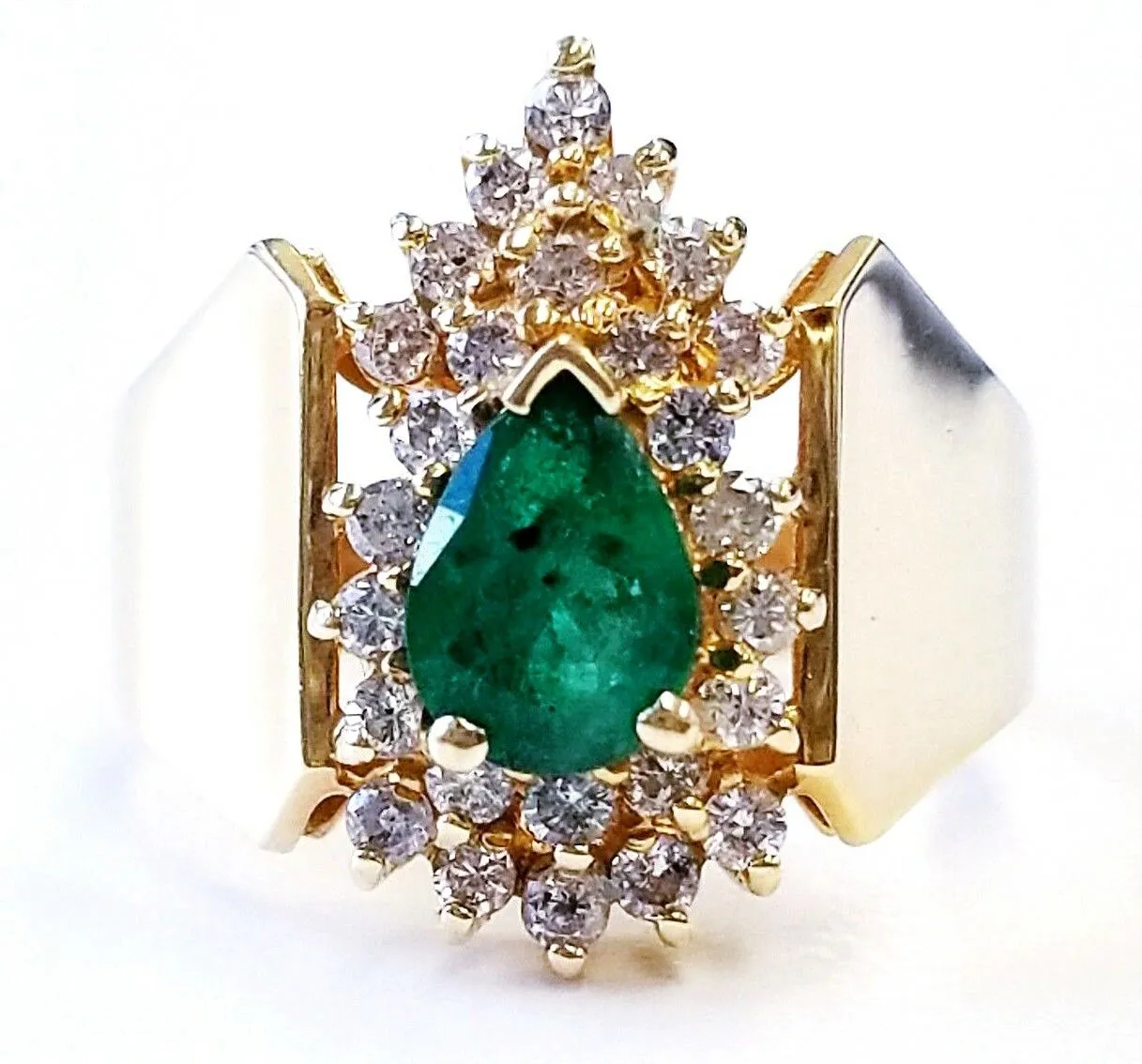 Estate Ring Natural Green Color Emerald Diamonds 14K Yellow Gold Pear Cut