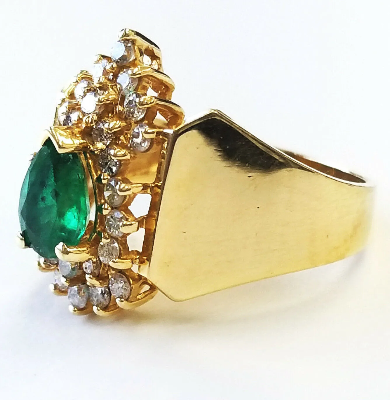 Estate Ring Natural Green Color Emerald Diamonds 14K Yellow Gold Pear Cut