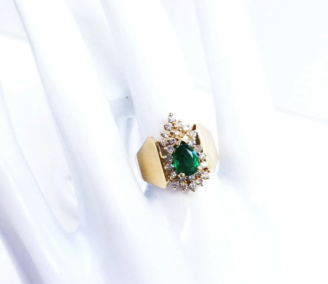 Estate Ring Natural Green Color Emerald Diamonds 14K Yellow Gold Pear Cut