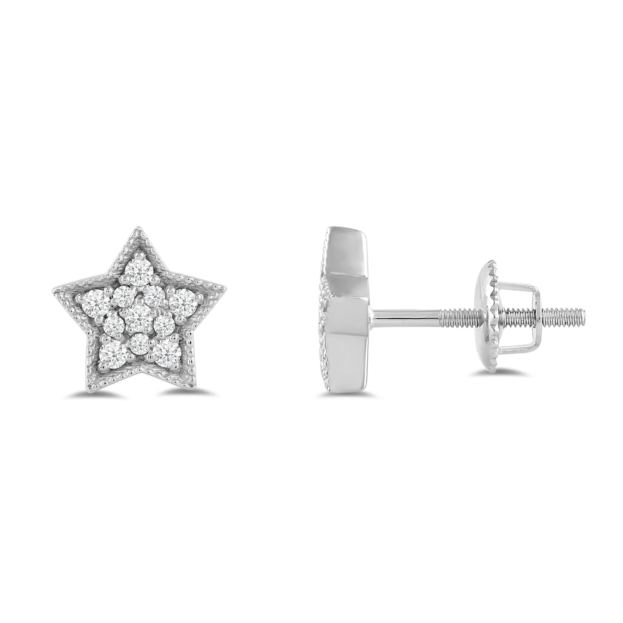 Everyday Elegance 14K Solid White Gold Star Shape Pave Stud Earrings | Round Cut Cubic Zirconia| Screw Back Posts | With Gift Box