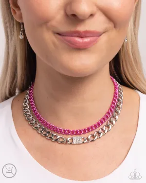 Exaggerated Effort - Pink - Metallic and Silver Chain White Rhinestone Paparazzi Short Necklace