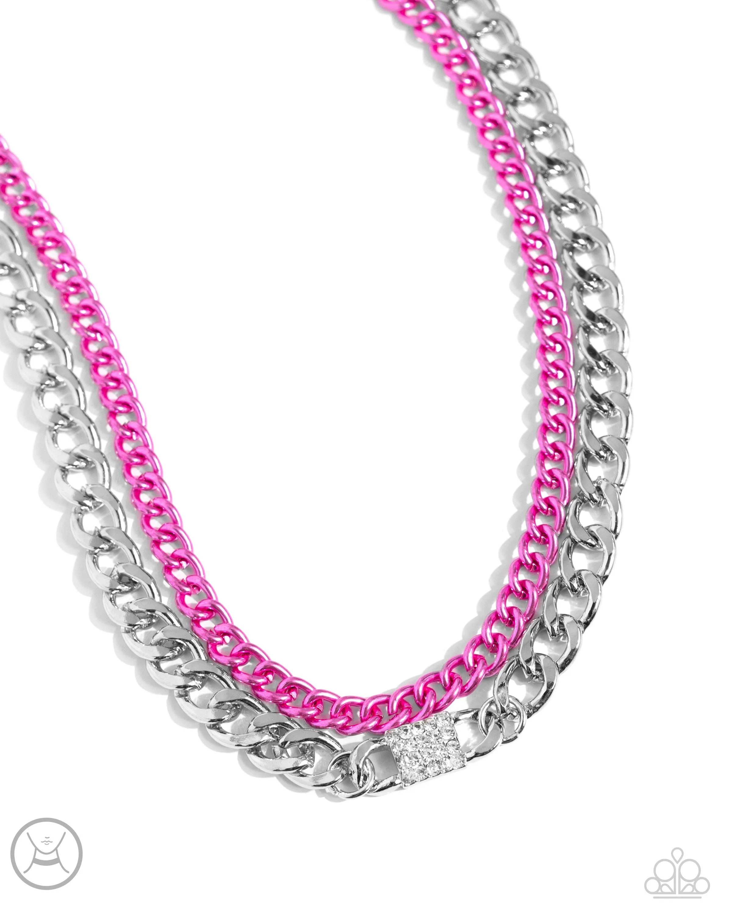 Exaggerated Effort - Pink - Metallic and Silver Chain White Rhinestone Paparazzi Short Necklace