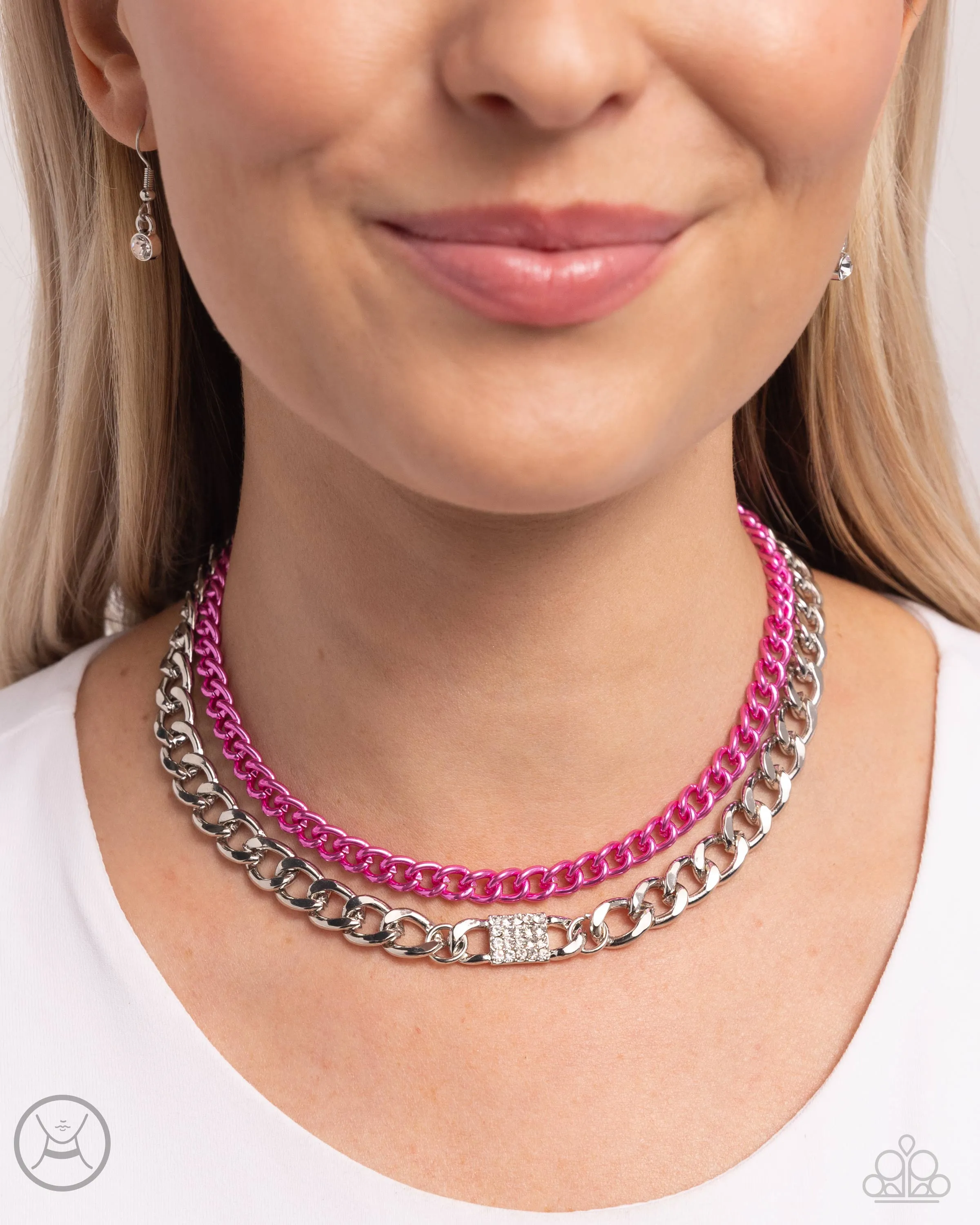 Exaggerated Effort - Pink - Metallic and Silver Chain White Rhinestone Paparazzi Short Necklace