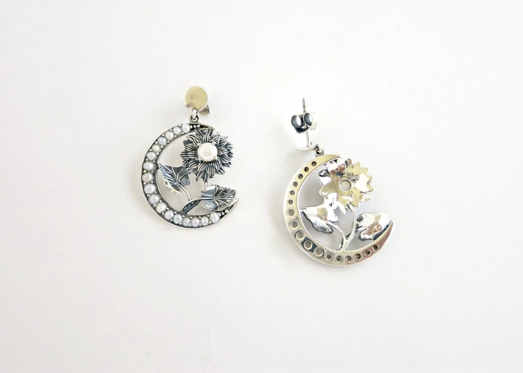 Exquisite, seed pearl, crescent and flower Victorian earrings