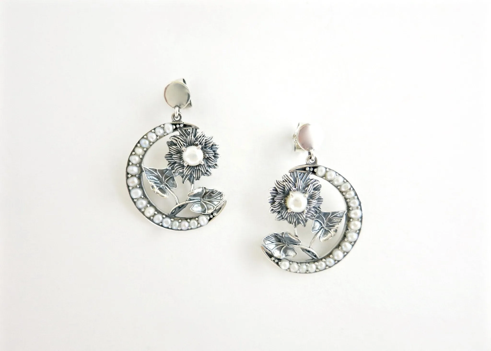 Exquisite, seed pearl, crescent and flower Victorian earrings
