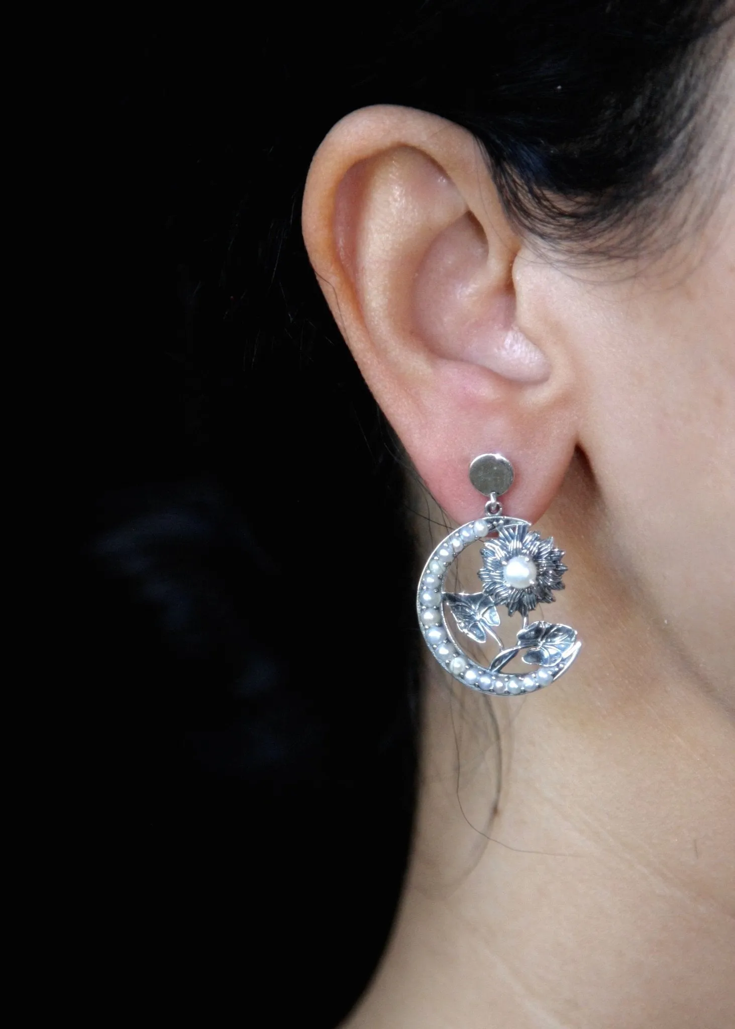 Exquisite, seed pearl, crescent and flower Victorian earrings