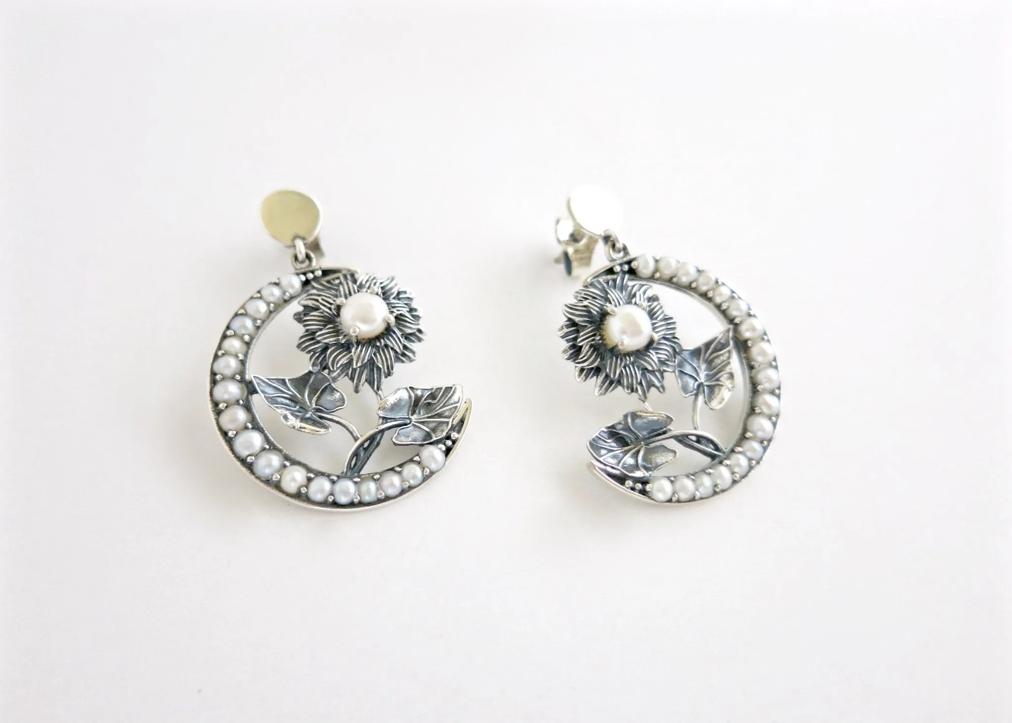 Exquisite, seed pearl, crescent and flower Victorian earrings