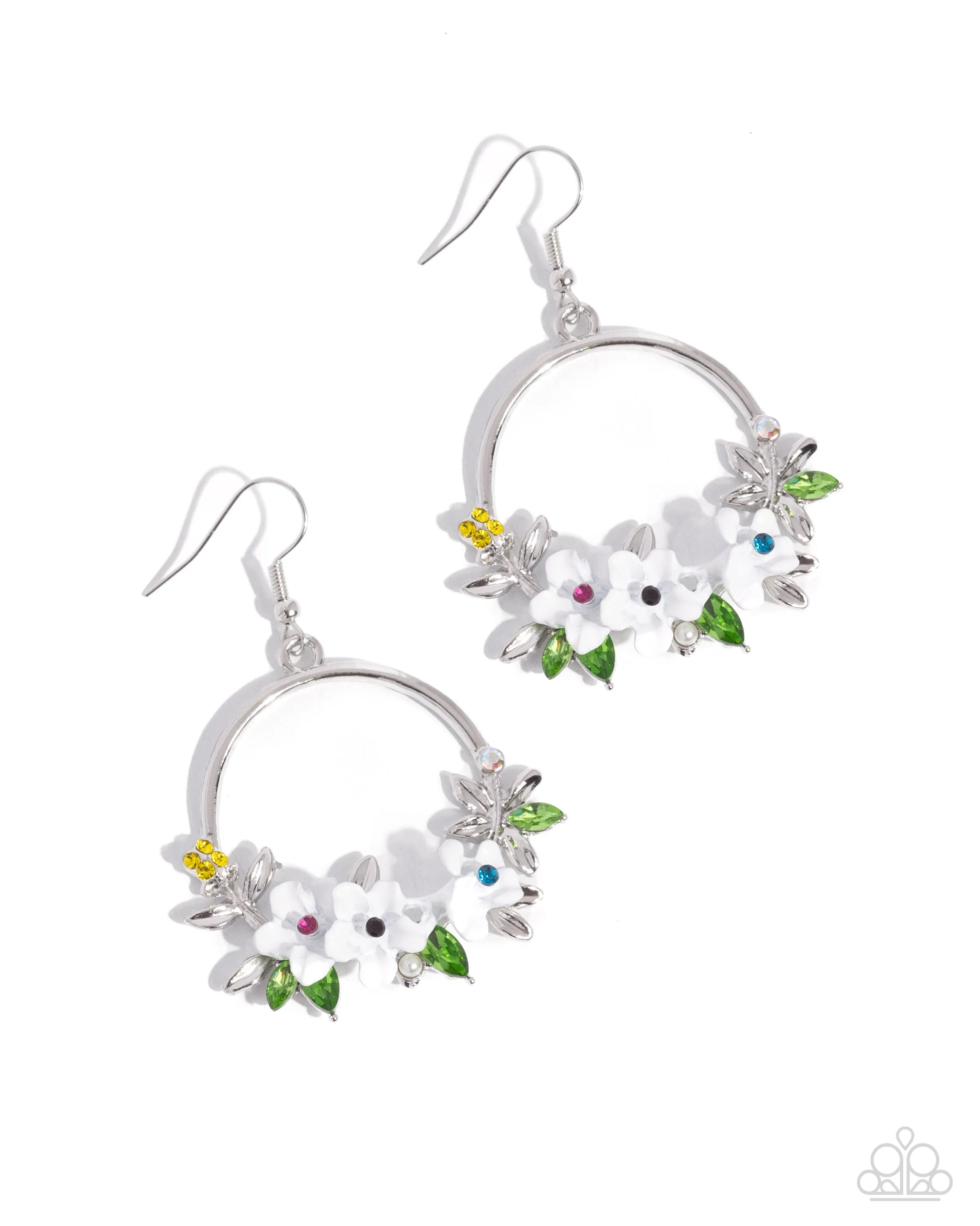 Fairy Freestyle - White - Painted Flower Colorful Rhinestone Center Paparazzi Fishhook Earrings