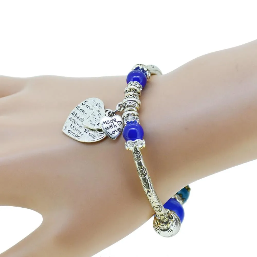 Fashion serling silver jewelry love heart charm bangles & bracelets glass beads strand bracelets for women fine jewelry