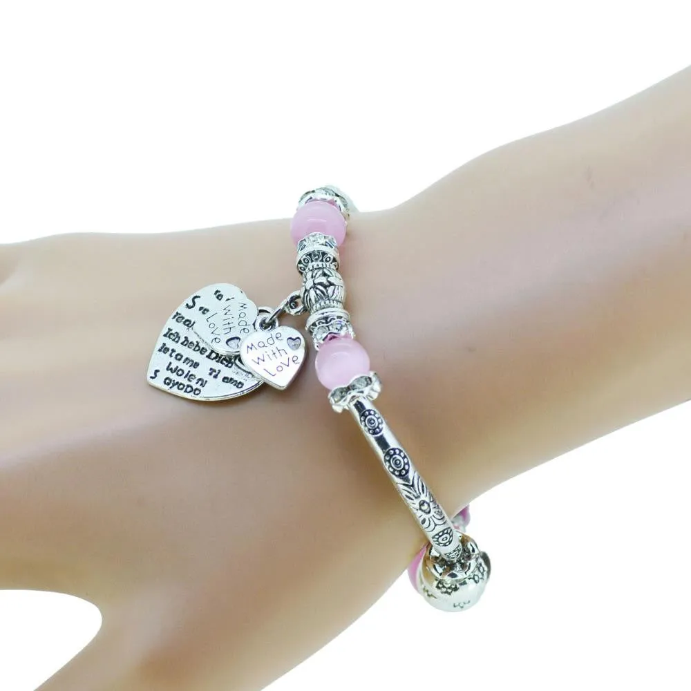 Fashion serling silver jewelry love heart charm bangles & bracelets glass beads strand bracelets for women fine jewelry