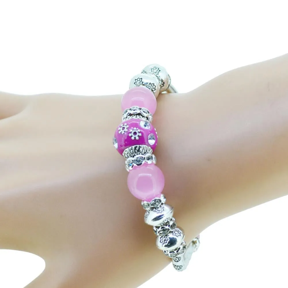 Fashion serling silver jewelry love heart charm bangles & bracelets glass beads strand bracelets for women fine jewelry