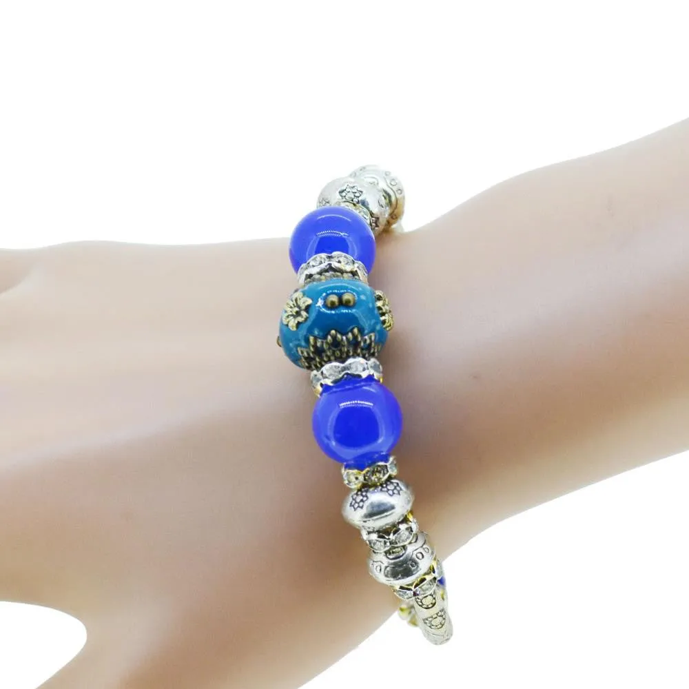 Fashion serling silver jewelry love heart charm bangles & bracelets glass beads strand bracelets for women fine jewelry