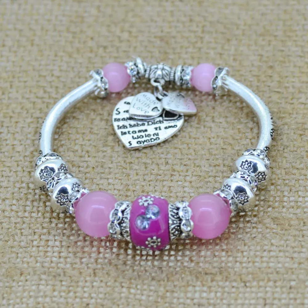 Fashion serling silver jewelry love heart charm bangles & bracelets glass beads strand bracelets for women fine jewelry