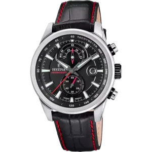 Festina Timeless Chronograph Gents Black Dial Black Leather Strap Watch
