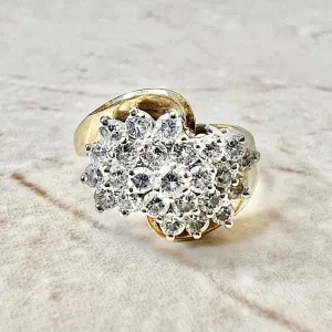 Fine Vintage 14 Karat Yellow & White Gold 1.35 Carat Diamond Cluster Ring