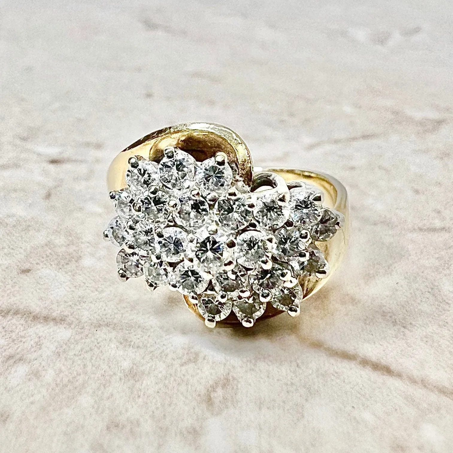 Fine Vintage 14 Karat Yellow & White Gold 1.35 Carat Diamond Cluster Ring