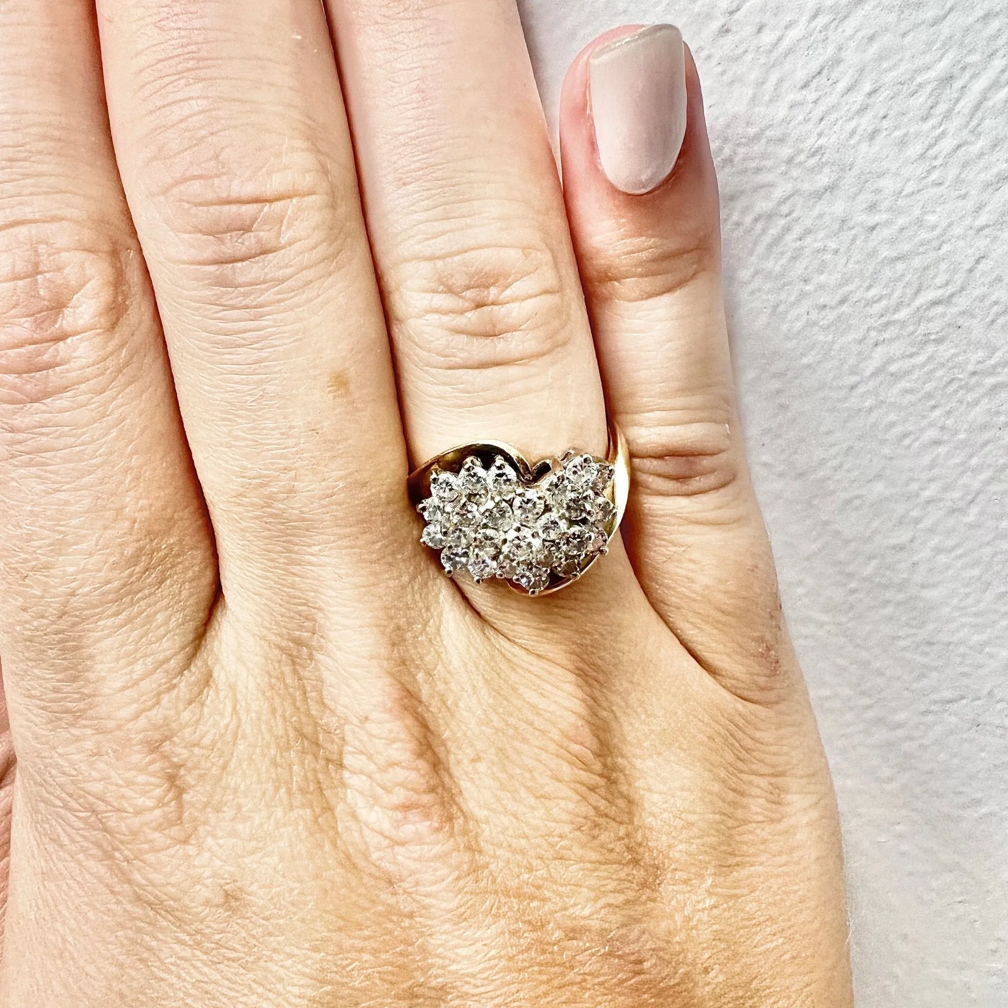 Fine Vintage 14 Karat Yellow & White Gold 1.35 Carat Diamond Cluster Ring