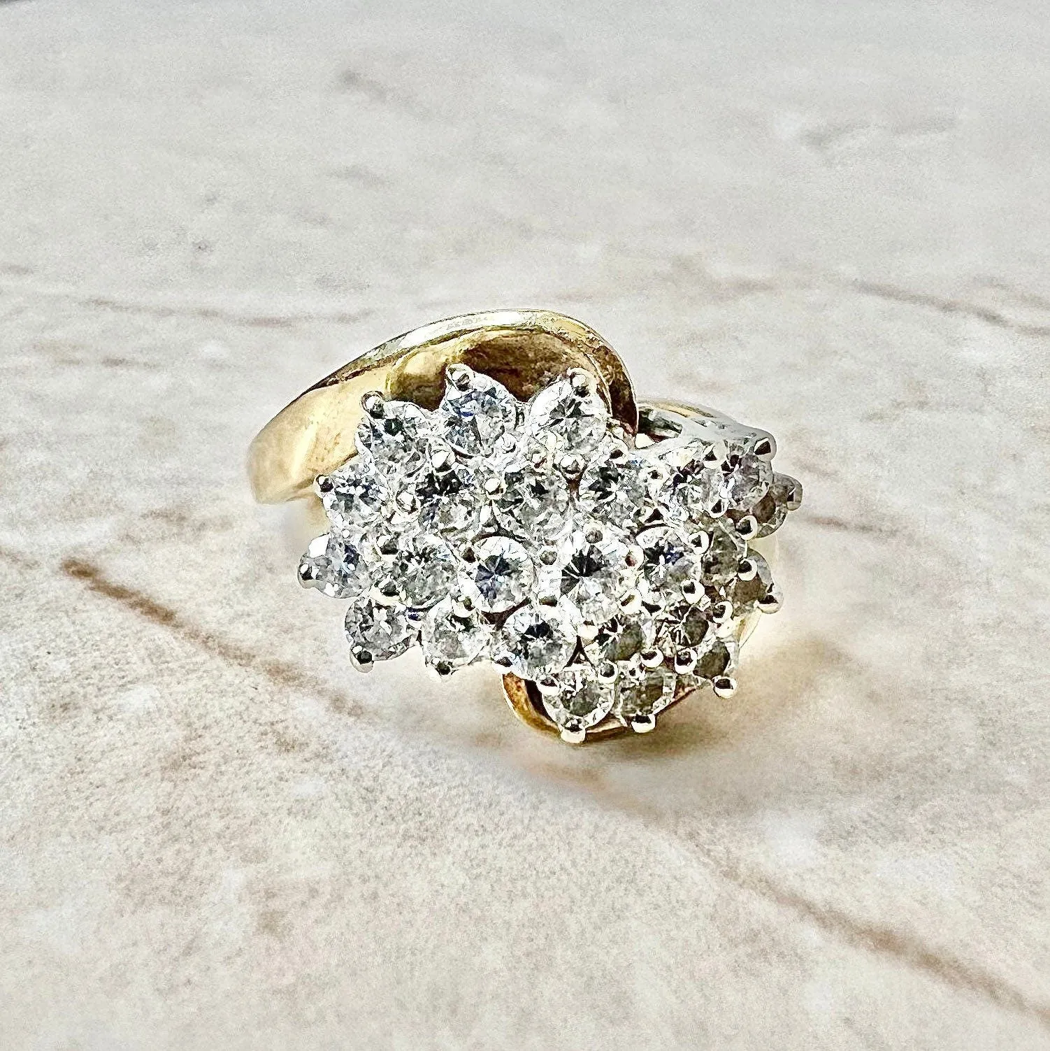 Fine Vintage 14 Karat Yellow & White Gold 1.35 Carat Diamond Cluster Ring