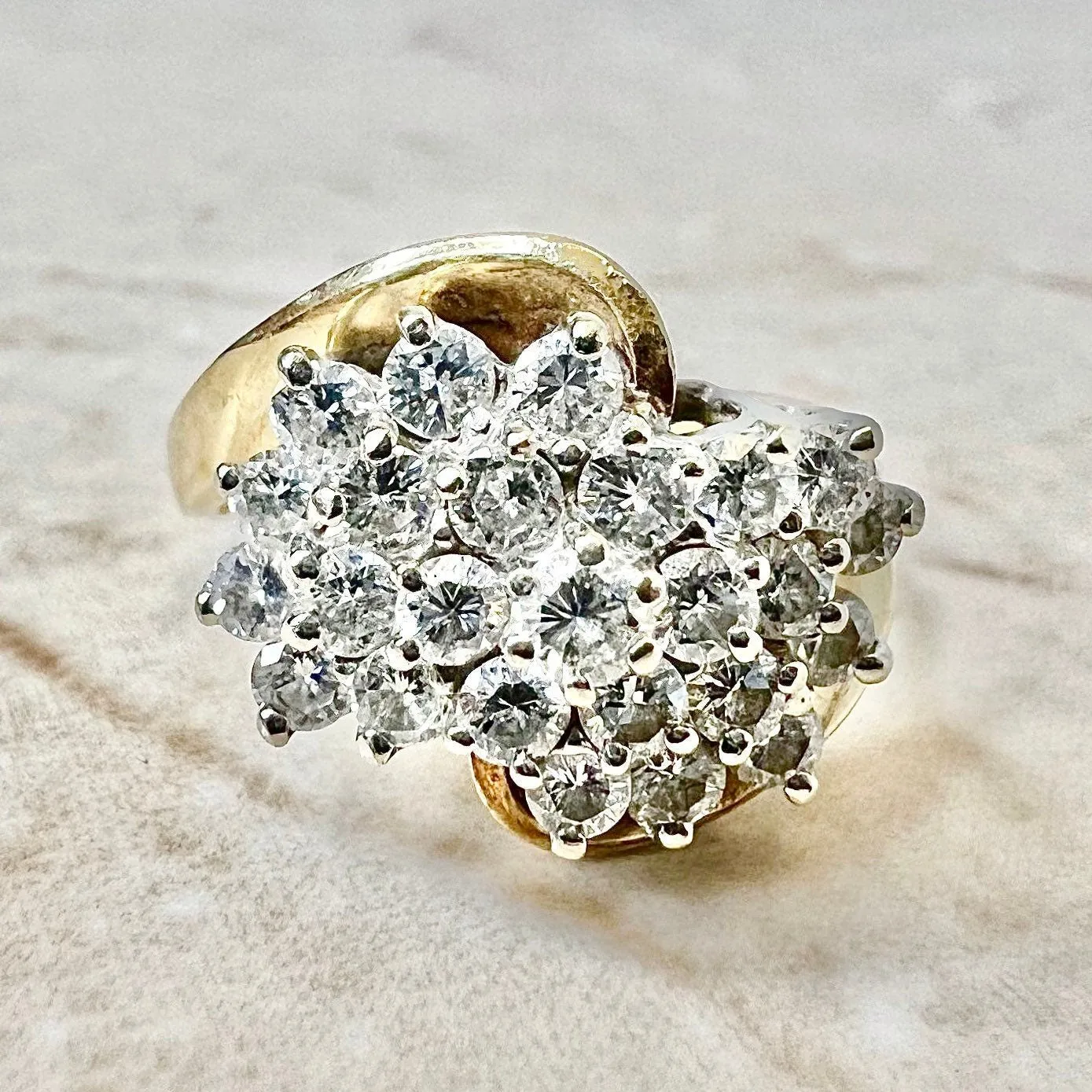 Fine Vintage 14 Karat Yellow & White Gold 1.35 Carat Diamond Cluster Ring