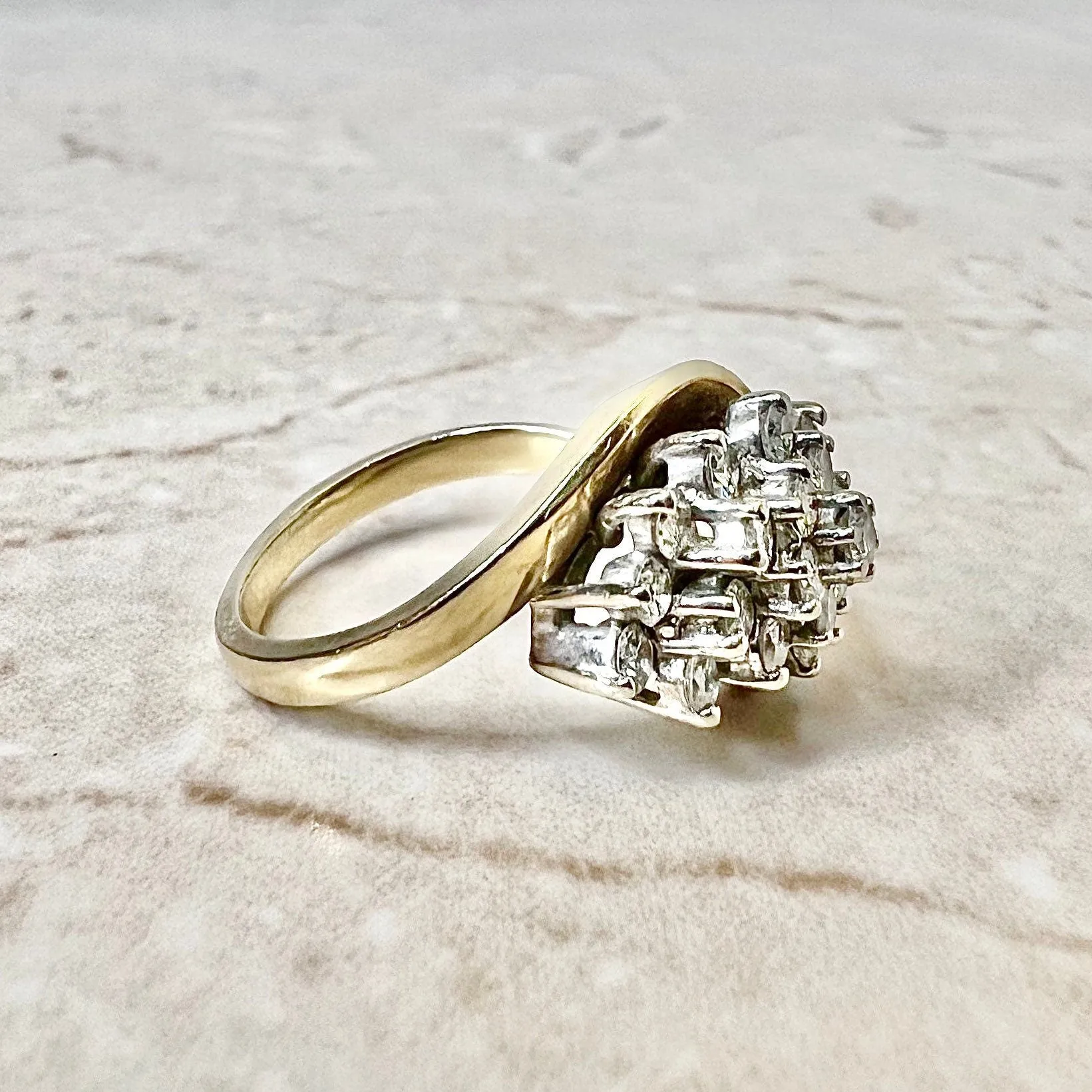 Fine Vintage 14 Karat Yellow & White Gold 1.35 Carat Diamond Cluster Ring