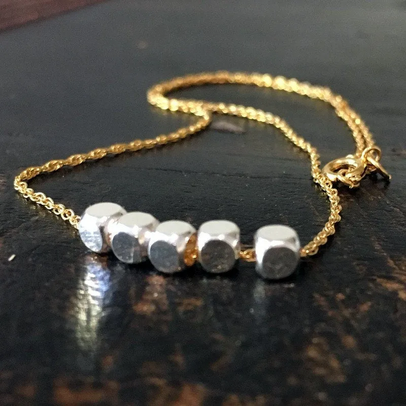 Five Beads Gold Silver Necklace - Cubes.